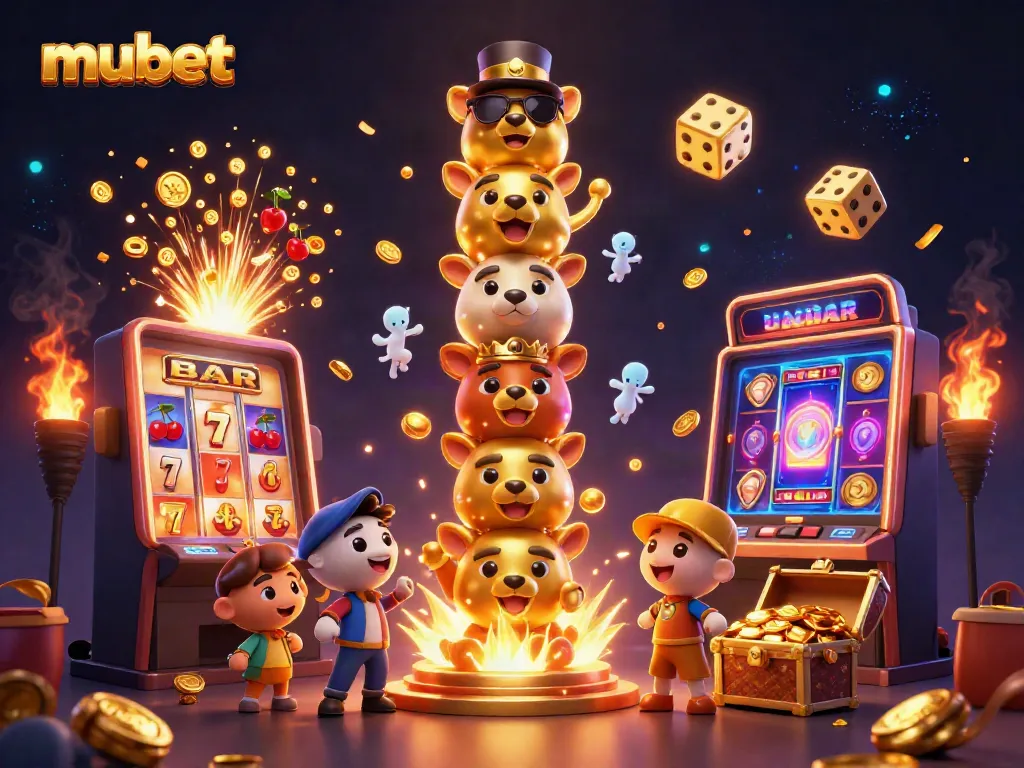 Win on mubet with vibrant casino scene featuring 3D totem, slot machine, and sparkling treasures
