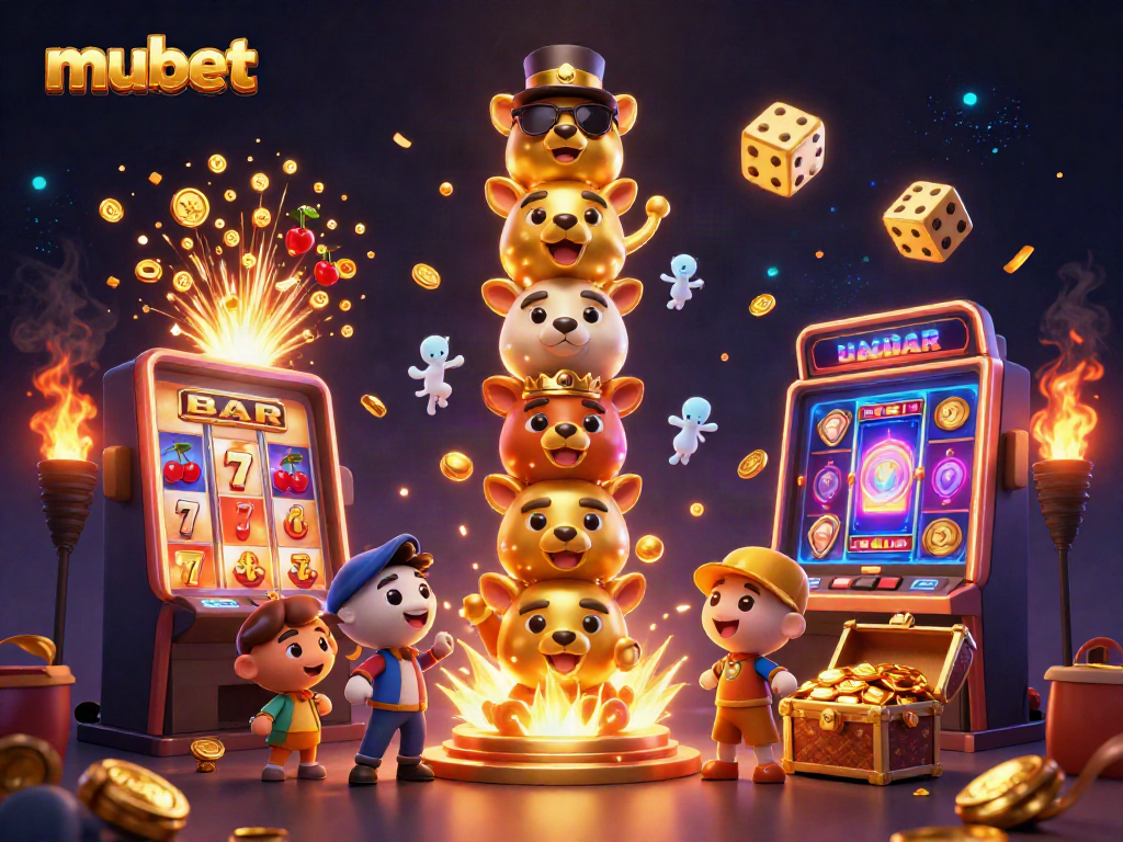 Win on mubet with vibrant casino scene featuring 3D totem, slot machine, and sparkling treasures