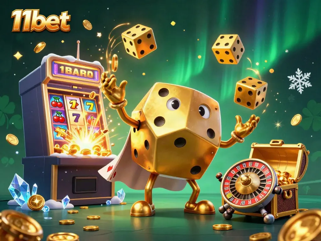 Engage with 11bet's vibrant gaming world featuring a 3D dice golem and electrifying casino elements.
