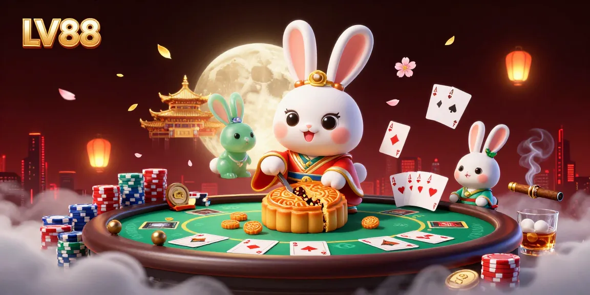 Join the excitement of LV88 with a whimsical moon rabbit scene featuring poker elements and mystical ambiance.