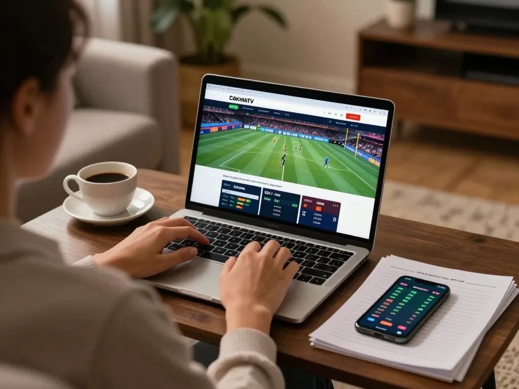 Engaging in online sports betting on CAKHIATV from a cozy home setting, showcasing responsible gambling.