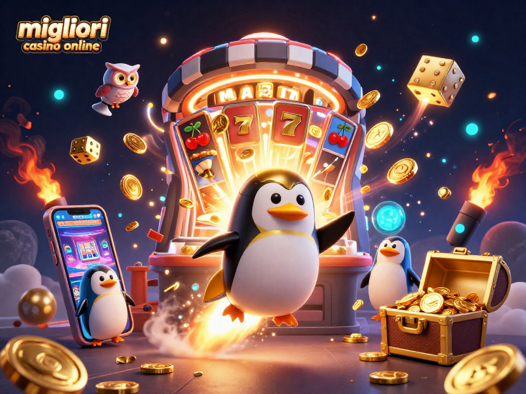 Migliori casino online: divertiti con un pinguino d'oro che vola verso un casinò cosmico tra monete e giochi.