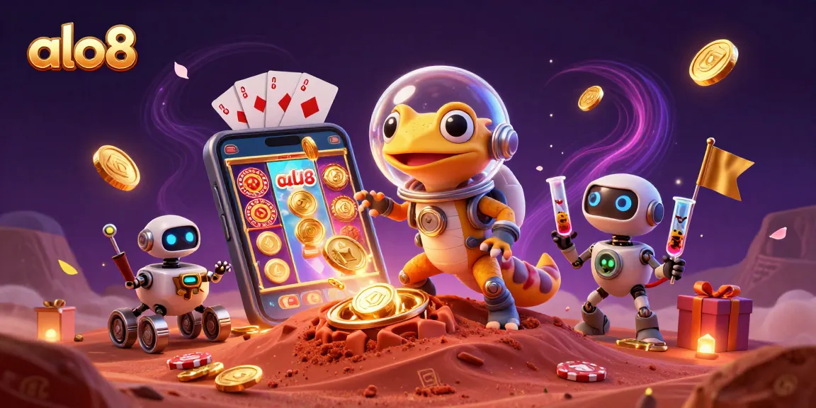 Play slots at ALO8 with a lively Martian gecko discovering a hidden casino.