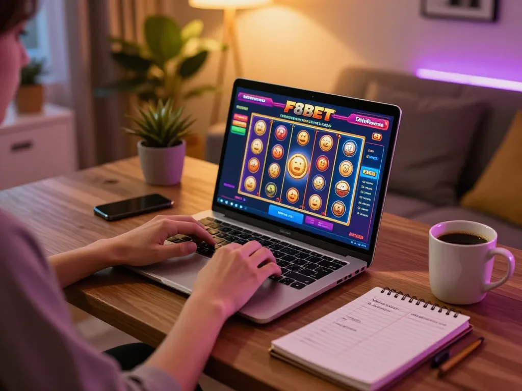 Engaging in lively online gaming at F8bet with vibrant slots interface displayed on laptop.