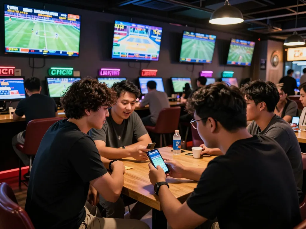 Engaged bettor placing a wager on CM88 nhà cái app during a live sports event in a lively lounge.