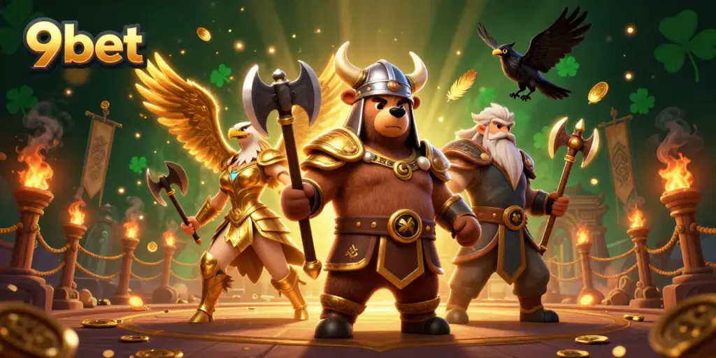 9bet showcases a dynamic casino scene with a Viking berserker bear and Valkyrie eagle amid swirling golden coins and betting tokens.