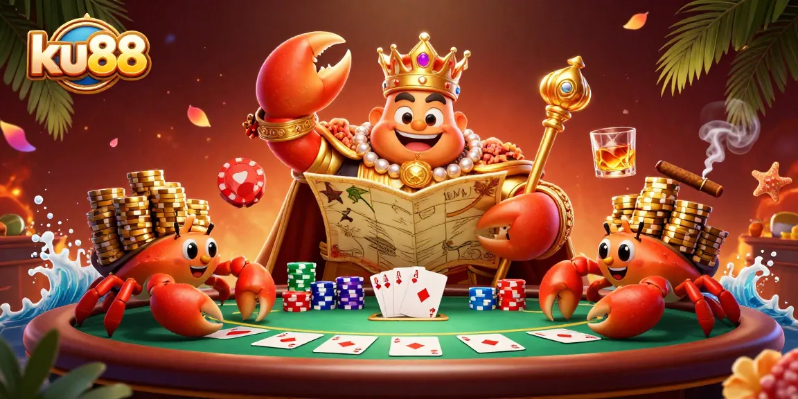 Play poker with ku88 at a vibrant casino scene featuring a crab emperor and treasure map.