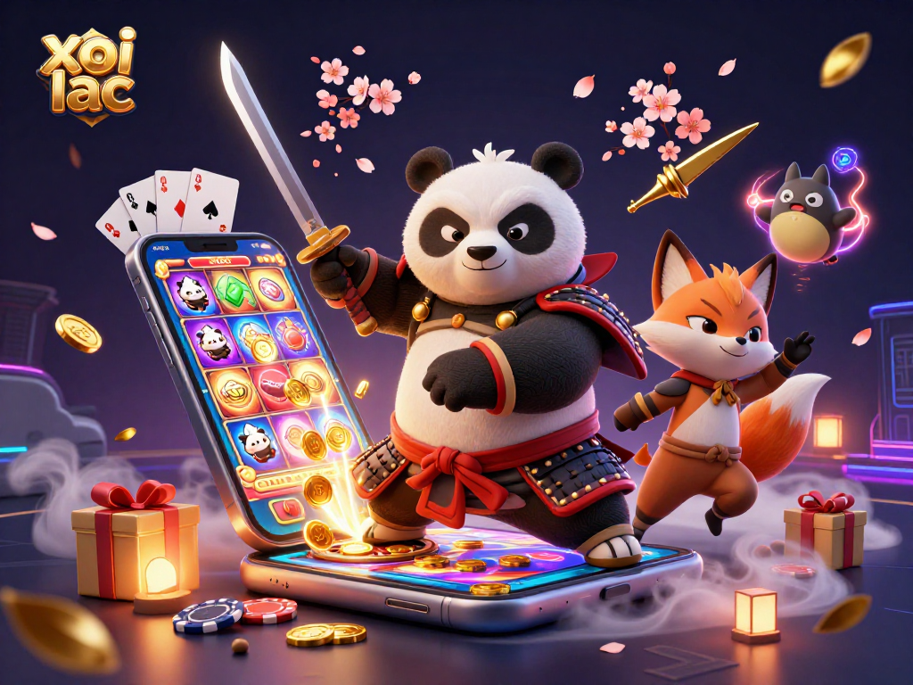 Xoi lac features a samurai panda and ninja fox amidst an engaging casino environment with dynamic gaming elements.