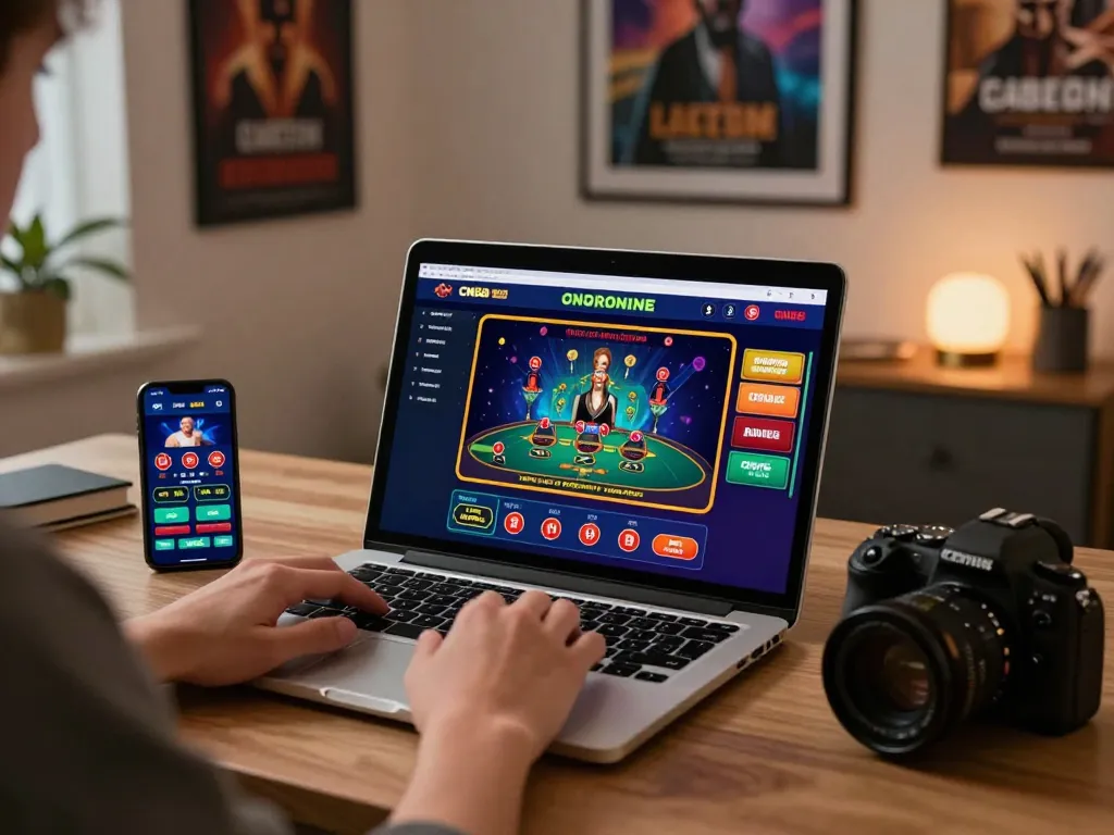 Engaged player using CM88 nhà cái online casino on laptop in a cozy home office.