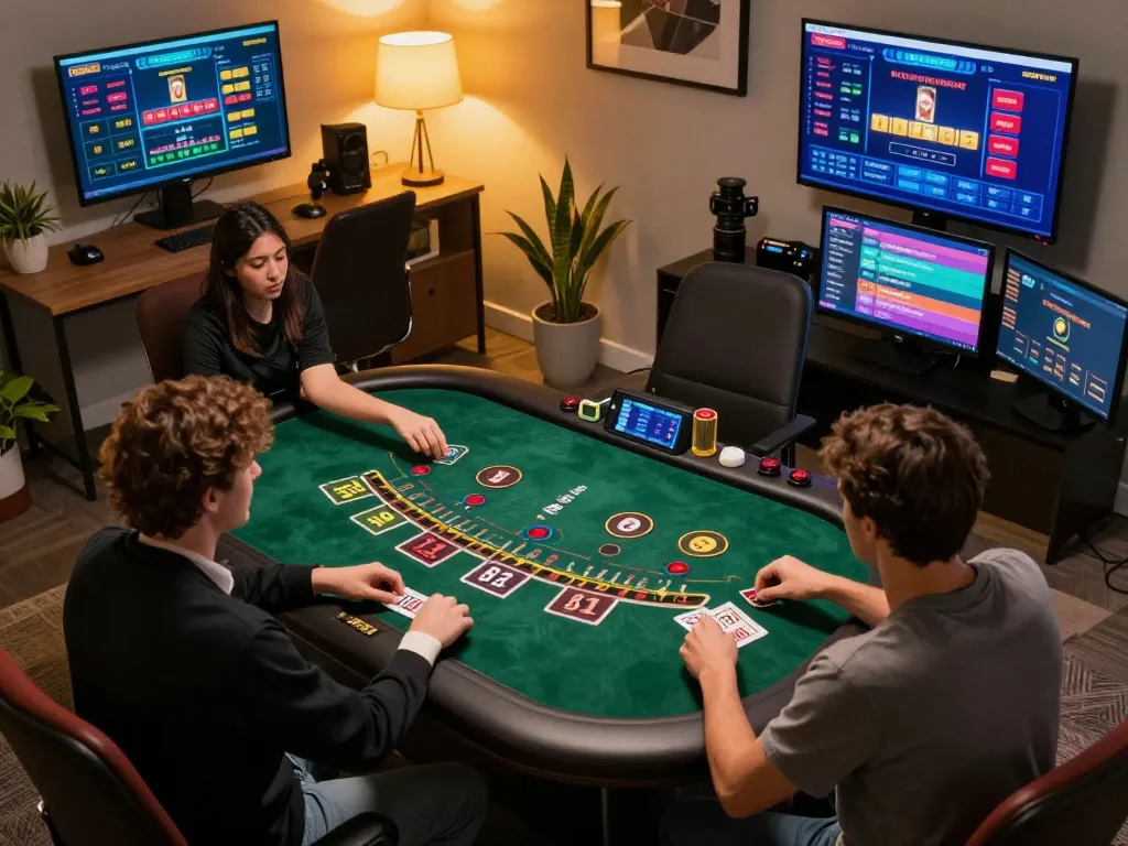 vipwin79 player enjoying a live blackjack game in a vibrant online casino setting, capturing excitement and strategy.