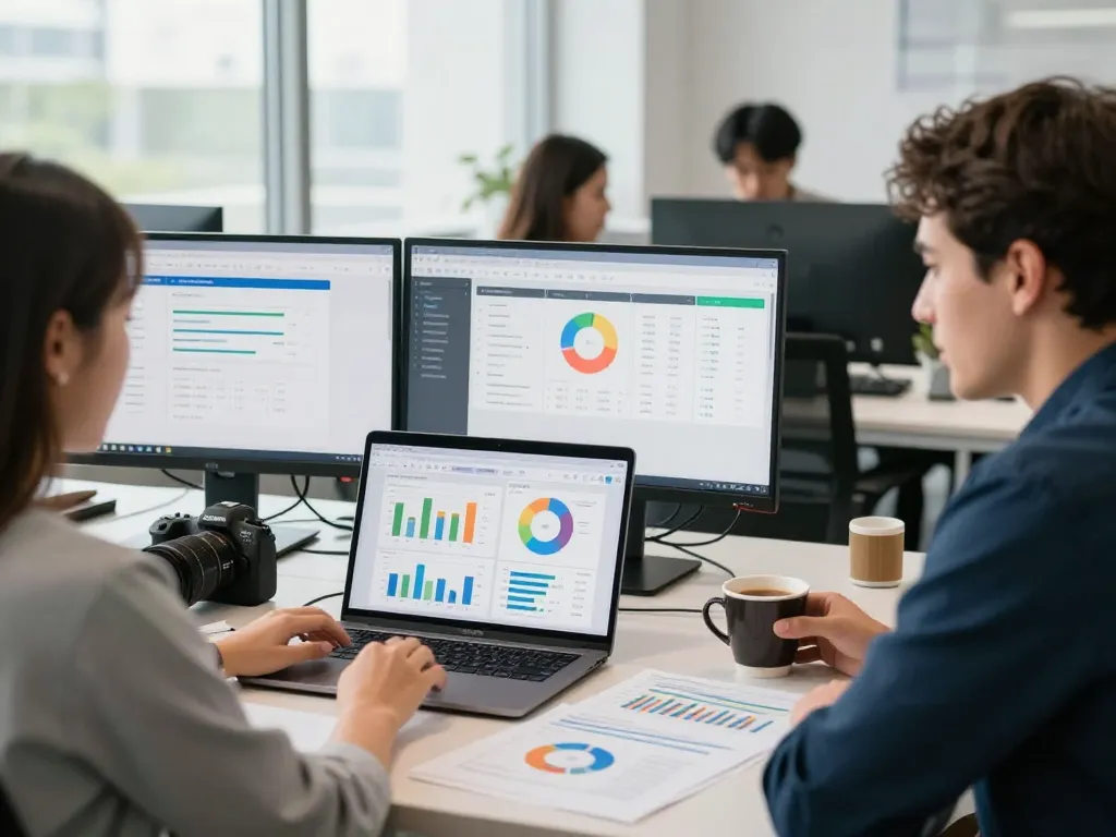 Business professionals analyzing group buy seo tools data in a modern office setting, enhancing SEO strategies.