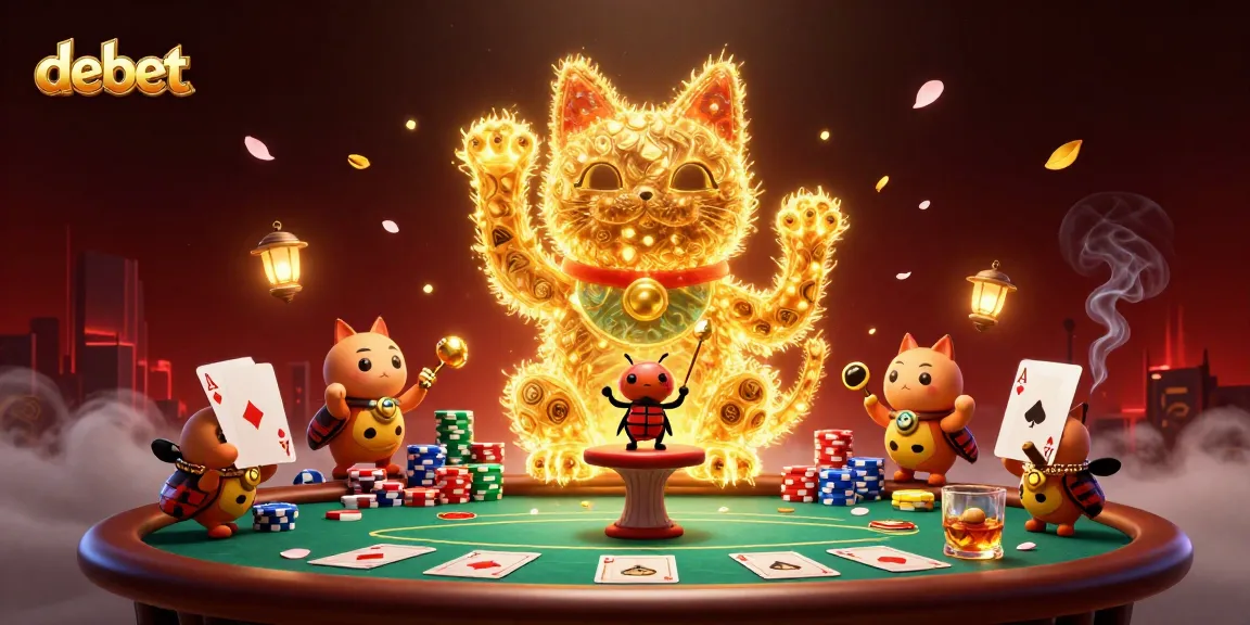 Engage with debet strategies in an enchanting scene of a lucky cat and poker elements.