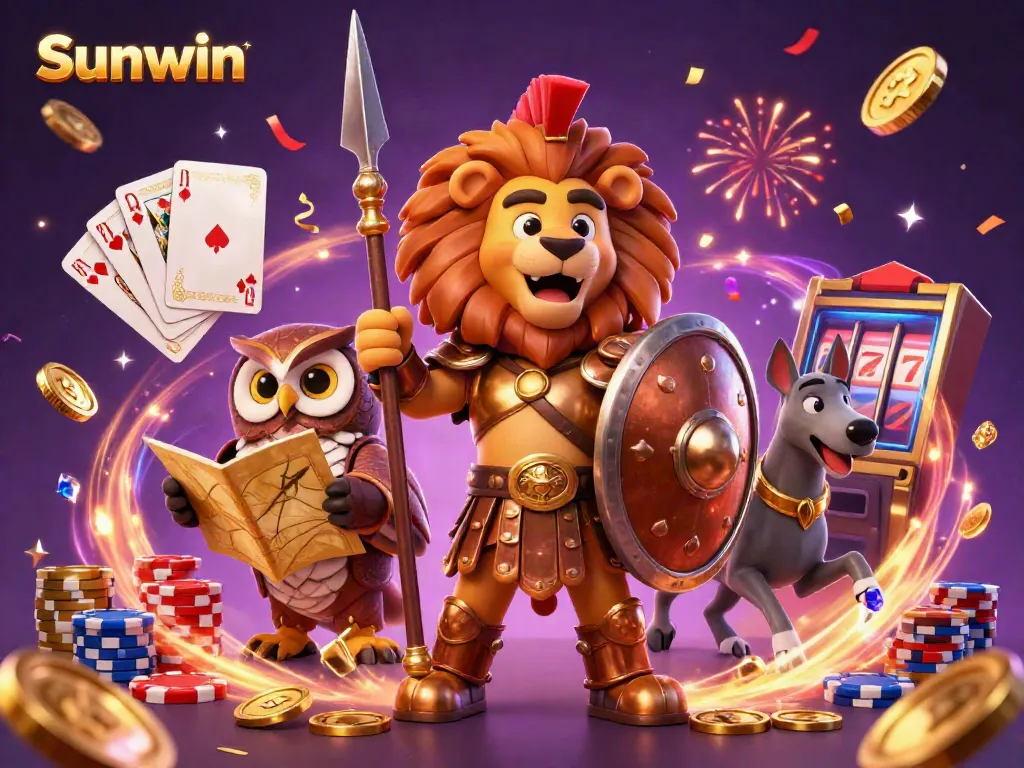 Experience the thrill of Sunwin with a vibrant 3D casino scene featuring characters and flying game elements.