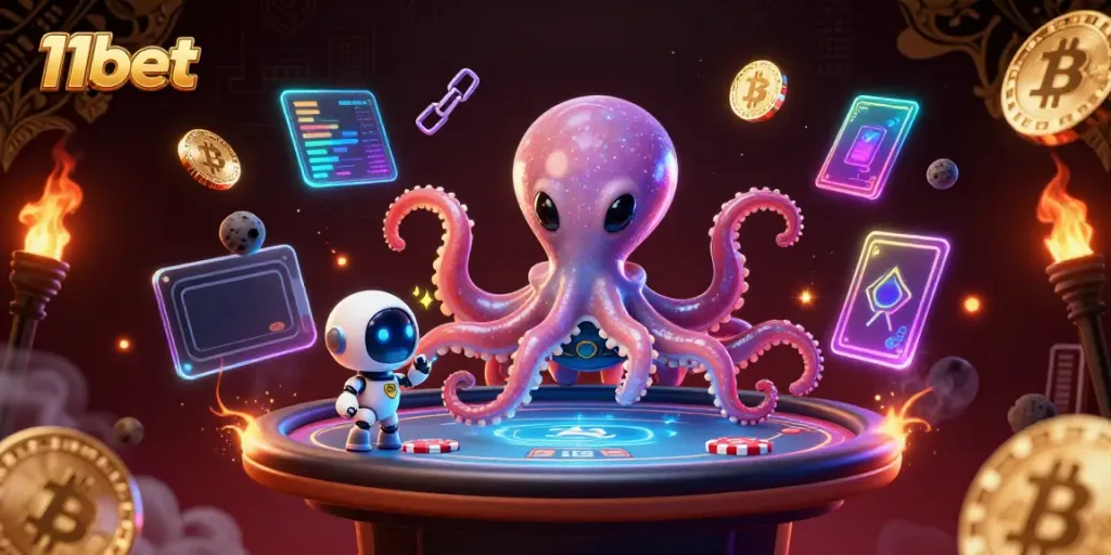 Experience thrilling gameplay and exciting features with 11bet in this vibrant cosmic casino scene.