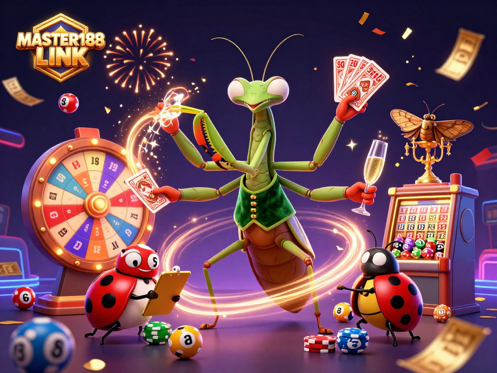 Get ready for excitement with MASTER188 LINK as a giant mantis sharpens cards and a ladybug manages the casino!