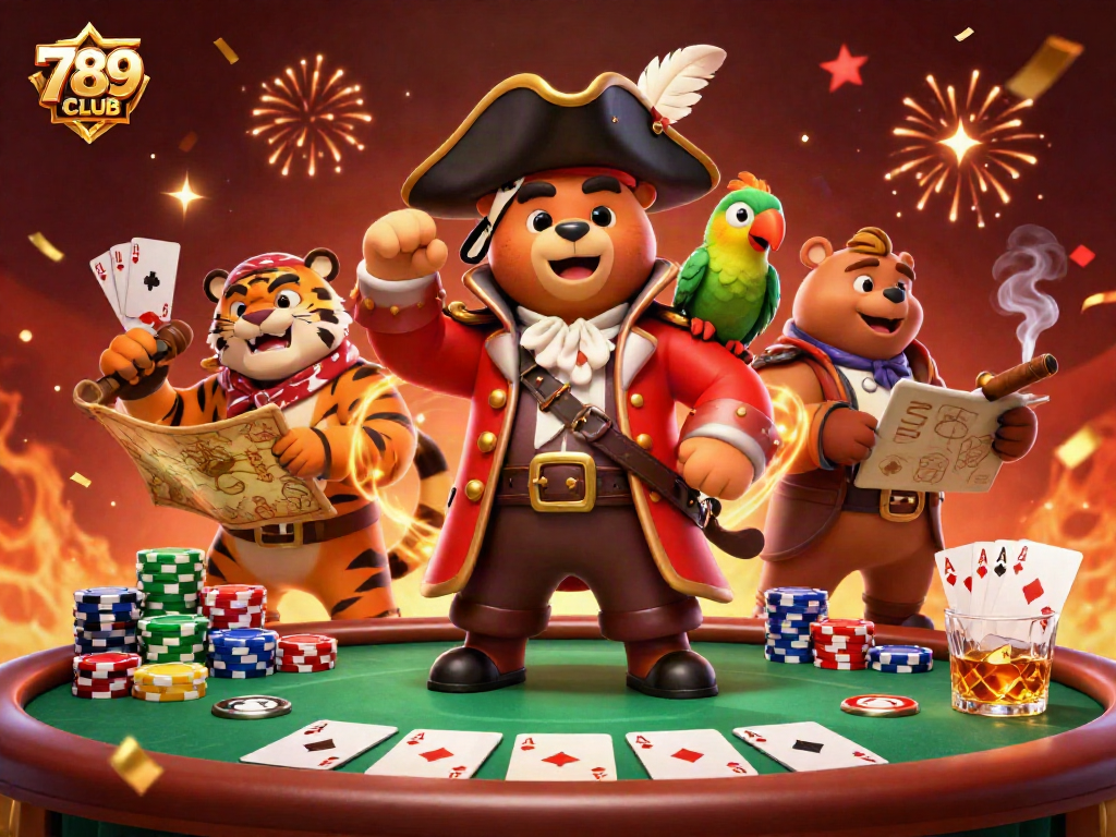 Engage with thrilling games at 789CLUB featuring a pirate captain and tiger in a lively casino.
