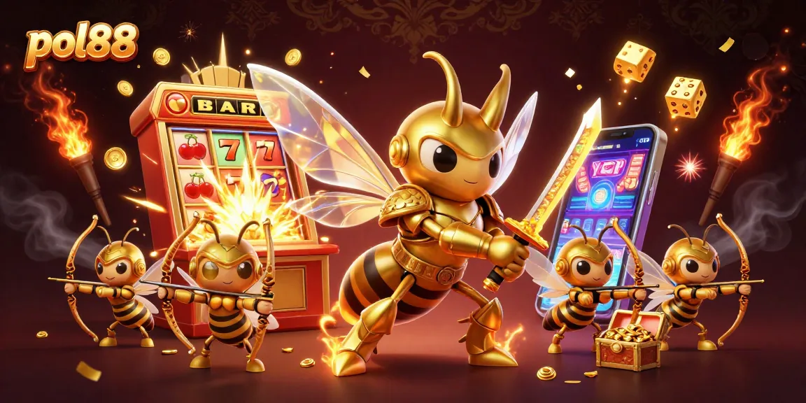 Menangkan jackpot dengan pol88, ilustrasi penuh warna mesin slot dan karakter menarik.