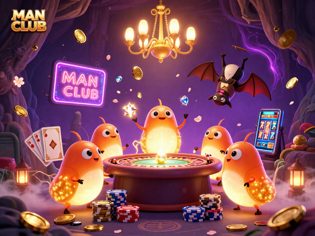 Experience the thrill of MAN CLUB with glowing glowworms lighting a casino filled with casino games.
