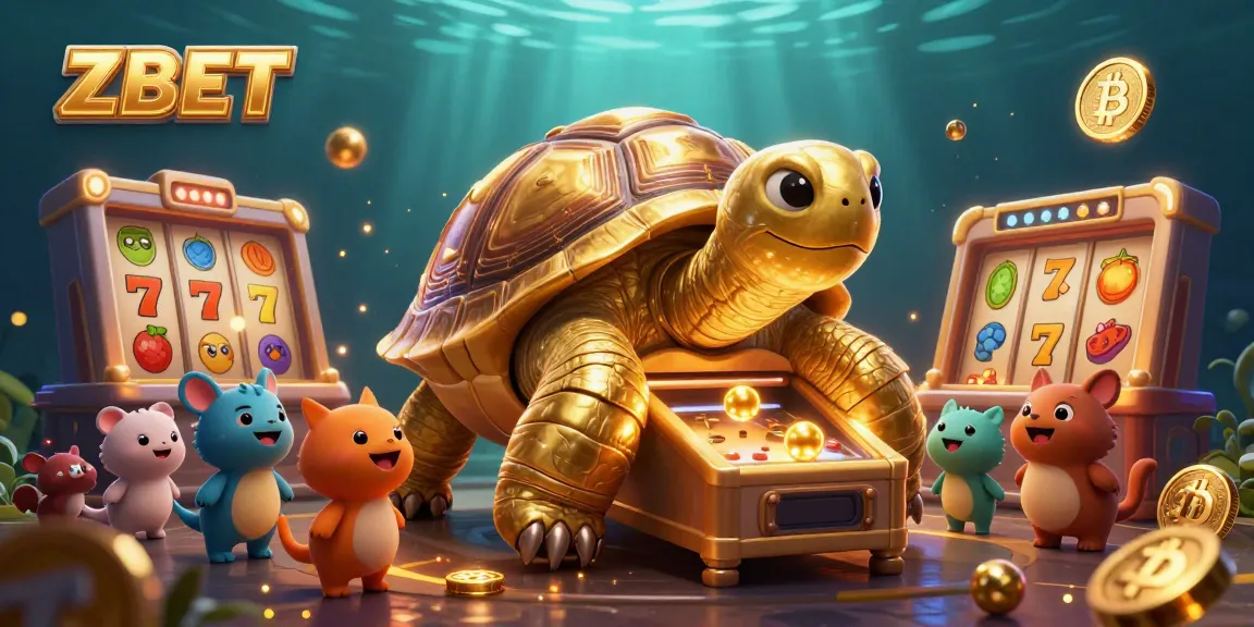 ZBET game action featuring a vibrant scene of a pinball tortoise, slot reels, and crypto coins.