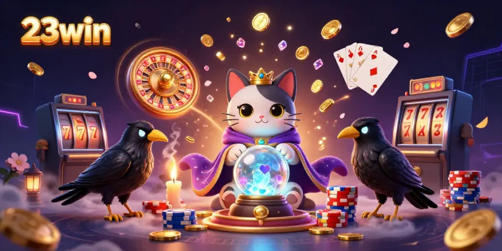 Engage with the vibrant world of 23win through dynamic casino illustrations featuring mystical characters and game elements.