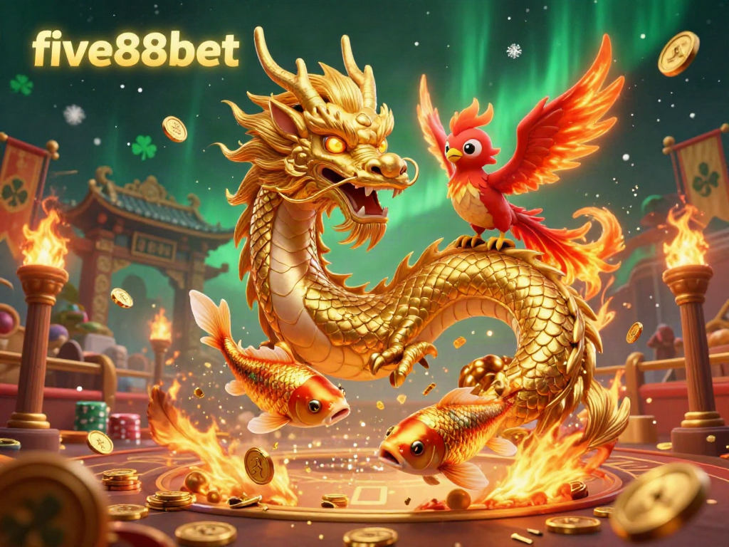 Experience the thrilling atmosphere of five88bet with a powerful dragon, lucky koi, and a phoenix amidst gold coins and energetic casino elements.