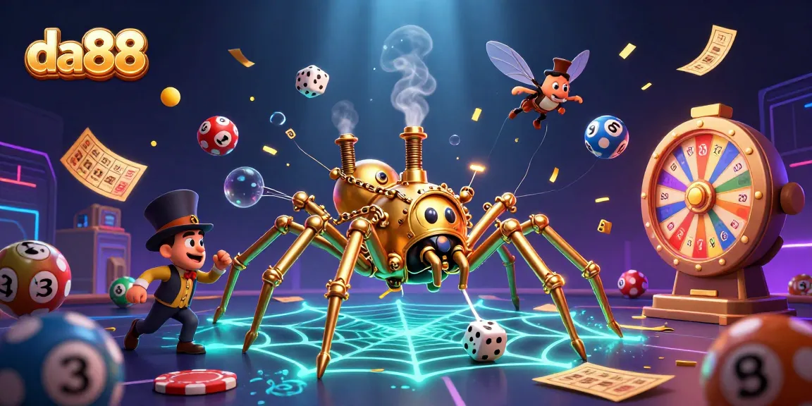 Experience the thrill at da88 with vibrant lottery elements and a whimsical steampunk scene.