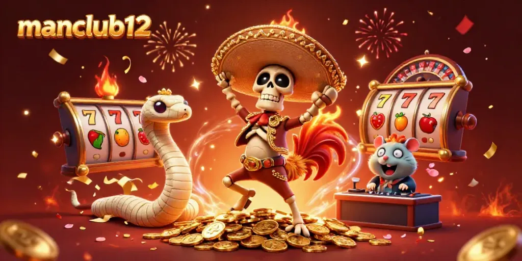 Join the celebration at manclub12 with a vibrant casino scene featuring a dancing skeleton and gold coins!