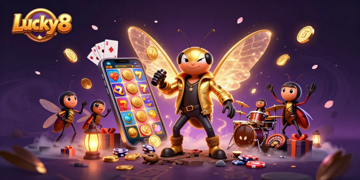Experience Lucky8's vibrant casino excitement with a rock star cicada, dynamic game elements, and colorful symbols!