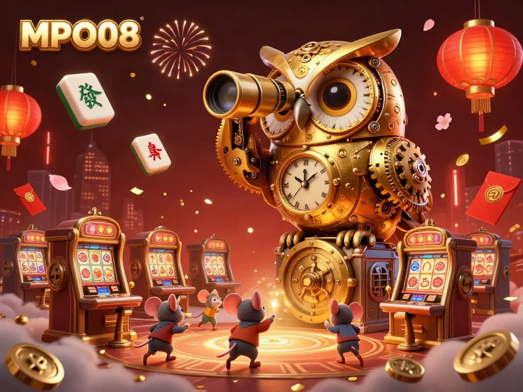 MPO08 showcases an enchanting scene of a golden owl and mouse patrons amidst vibrant casino illustrations.