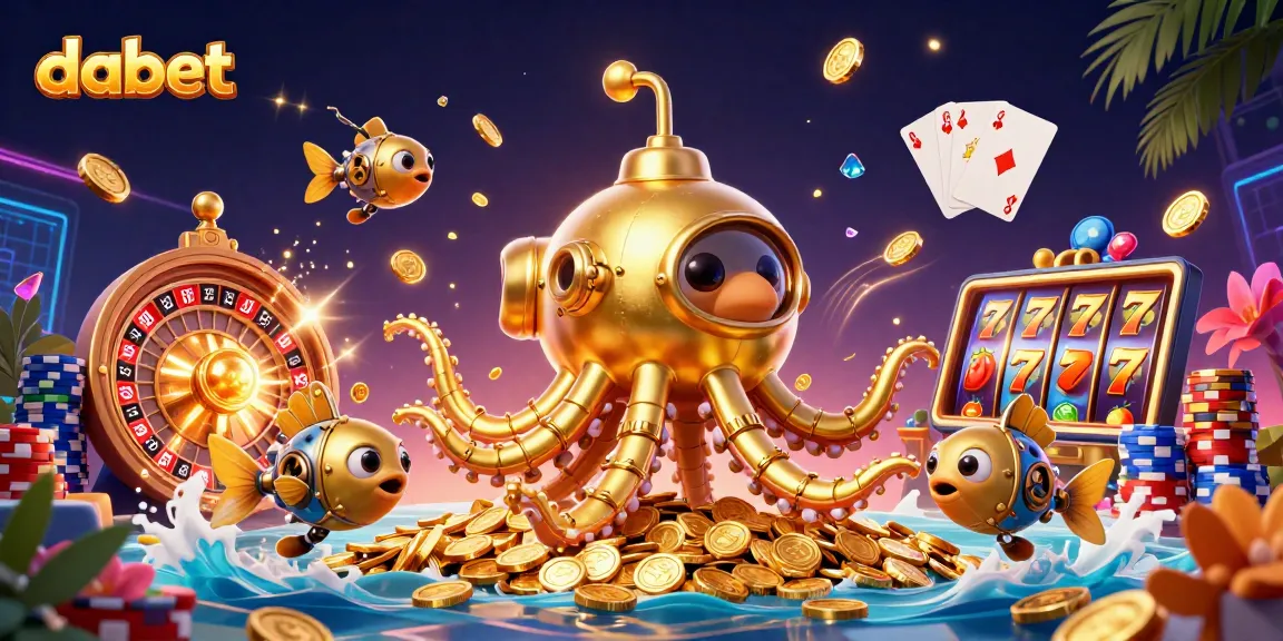 Play exciting slots with dabet's kraken submarine adventure amidst a treasure-filled casino.