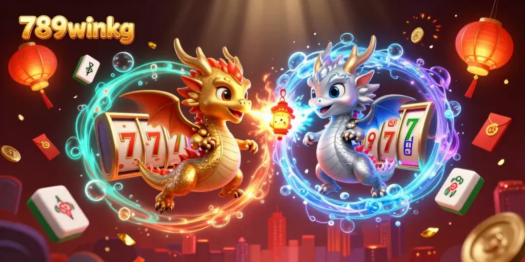 Spin the reels with 789winkg as majestic dragons intermingle in a vibrant casino fantasy scene.