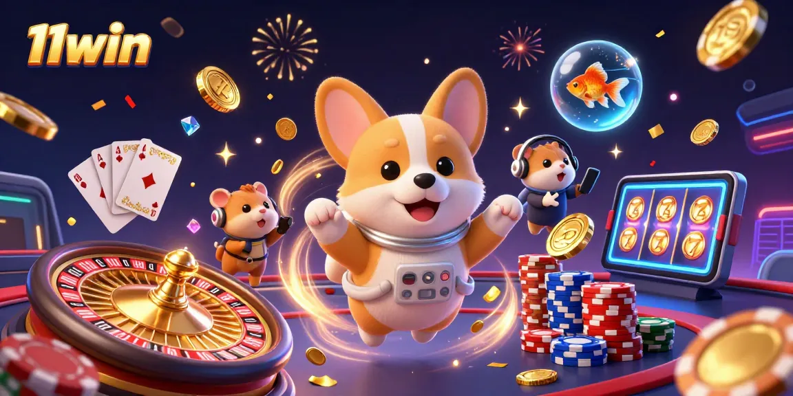 Engage with 11win's vibrant casino universe featuring a playful astronaut corgi and goldfish.