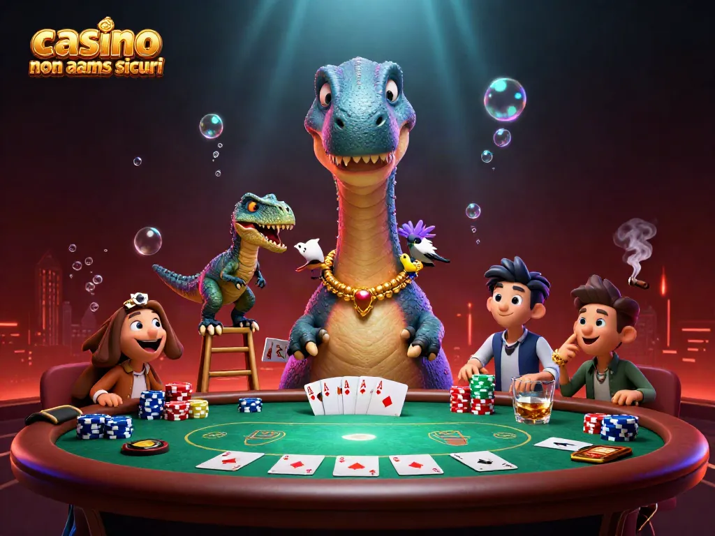 Il brontosauro gigante osserva un tavolo da poker in un'illustrazione 3D vivace di casino non aams sicuri.