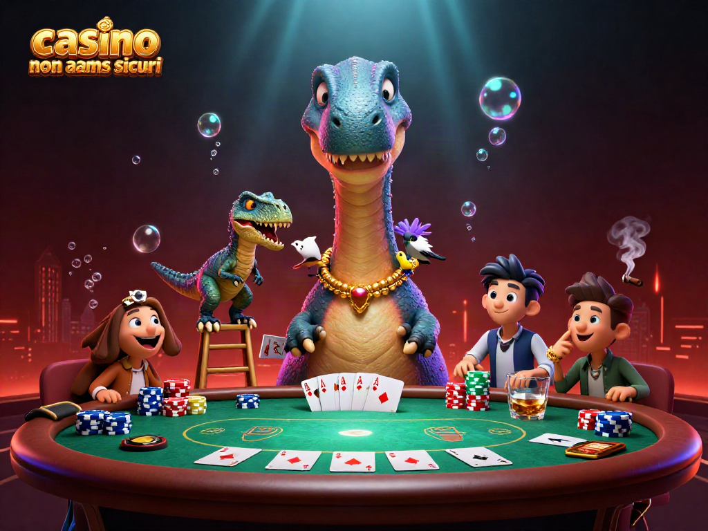Il brontosauro gigante osserva un tavolo da poker in un'illustrazione 3D vivace di casino non aams sicuri.