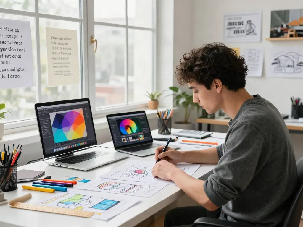 Designer working on a vibrant rokok88 project, immersed in creativity.