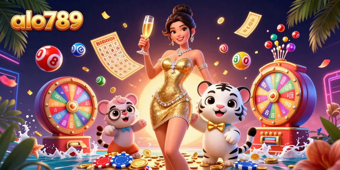 Win big with alo789 as a glamorous woman and lucky tiger cub celebrate in a vibrant casino scene.