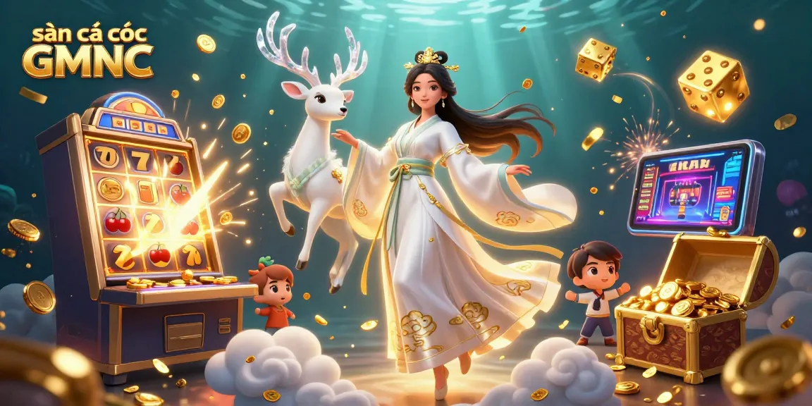 Experience winning spins at sàn cá cược GMNC with vibrant 3D casino illustration showcasing jackpot excitement.