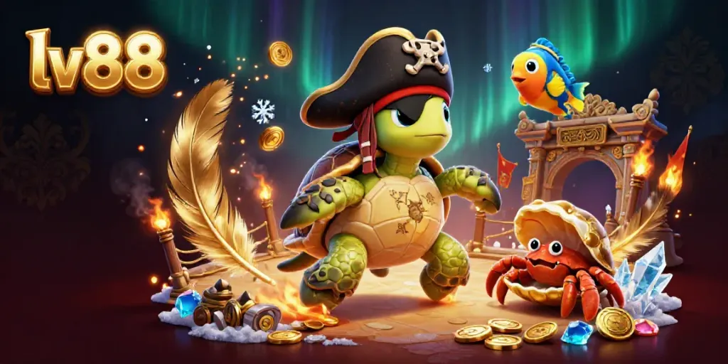 Engage with LV88's thrilling casino fun featuring vibrant characters amidst treasures and exciting game elements.