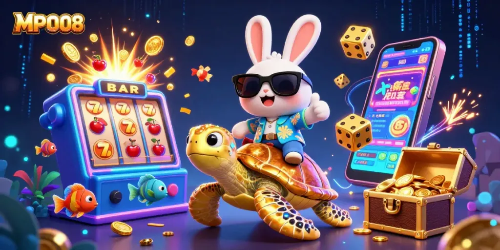 MPO08 immerses gamblers in a vibrant illustrated casino world with a lucky rabbit and treasure-filled slots.
