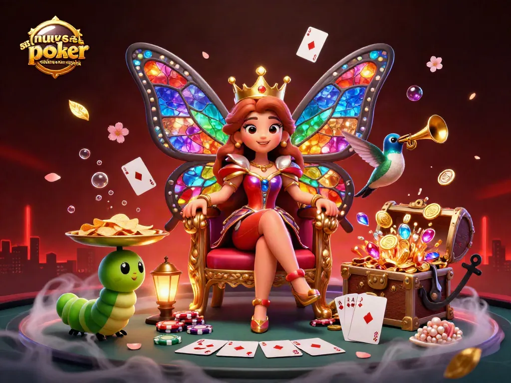 Visualiza nuevas salas de póker online en España con una impresionante escena de póker y personajes animados.