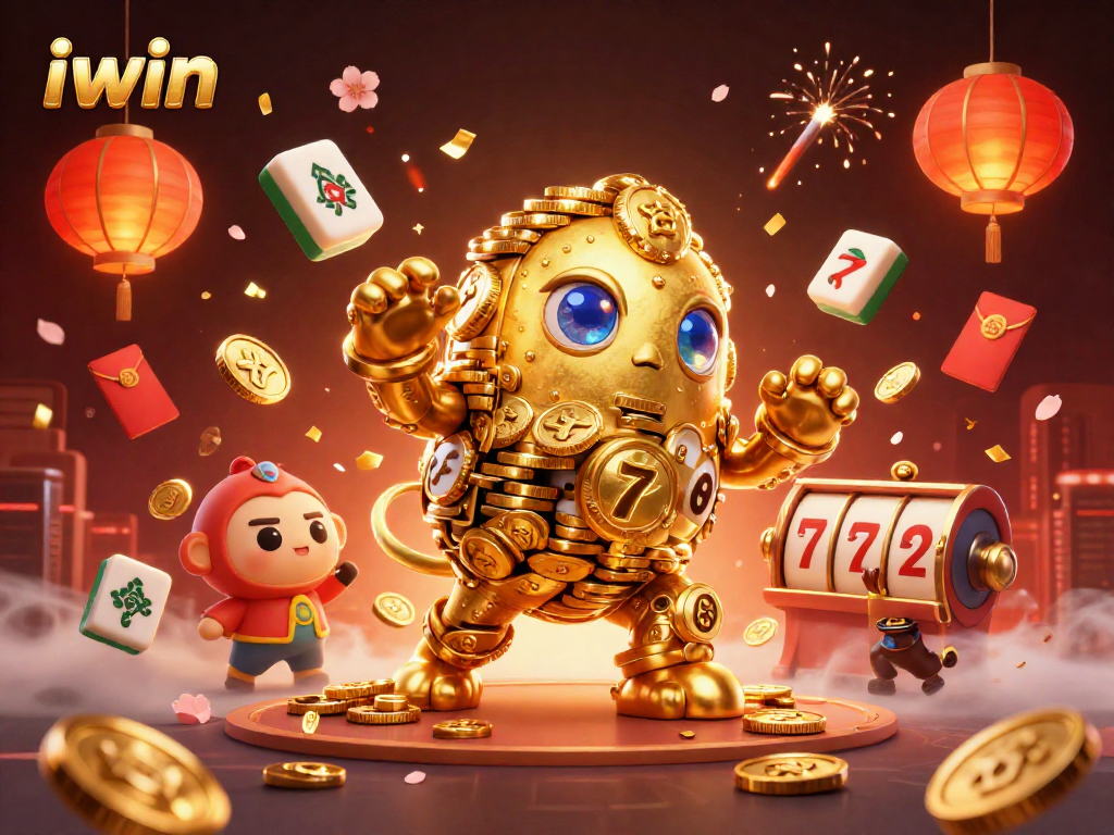 iwin brings luck with a golden golem amidst dazzling casino elements in a vivid 3D scene.