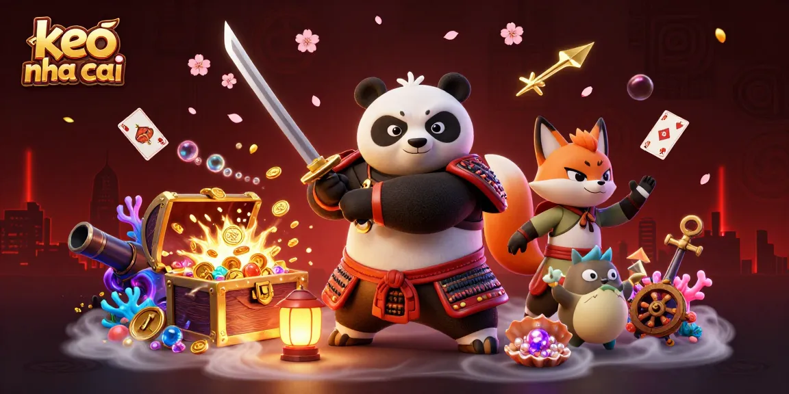 Engage in keo nha cai with a fierce samurai panda, ninja fox, and spirit tanuki in a vibrant casino scene.