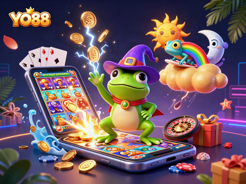 Enjoy vibrant gaming action with YO88's wizard frog and chameleon on a golden cloud.