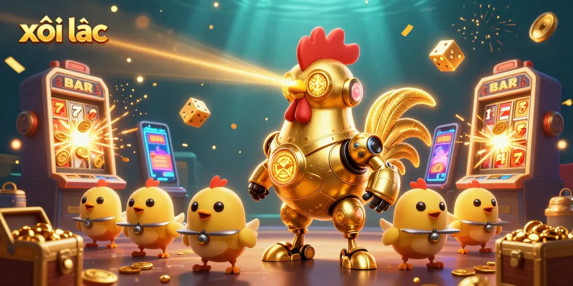 Action-packed xôi lạc scene featuring a golden rooster robot and baby chick drones amid bursting slot machine jackpots.