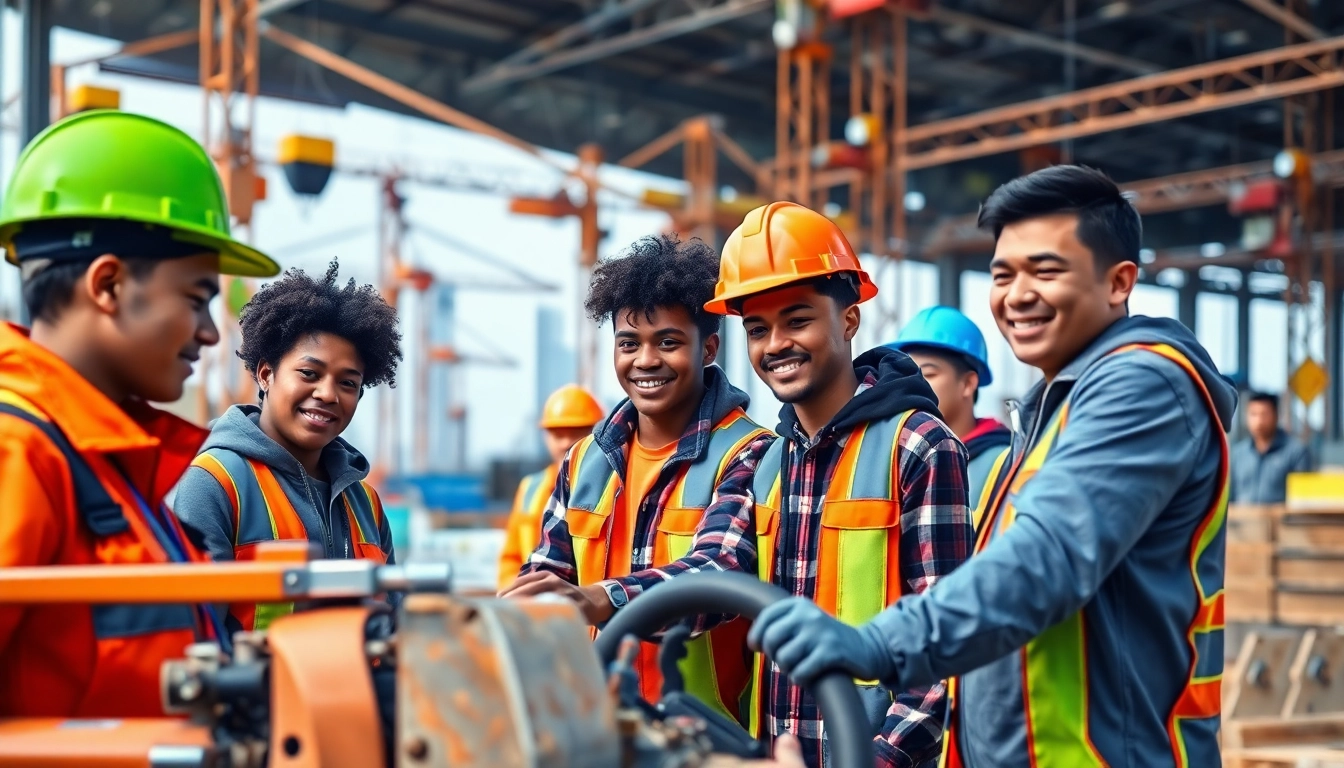 Engaged trainees in a construction apprenticeship learning skills on a busy site.