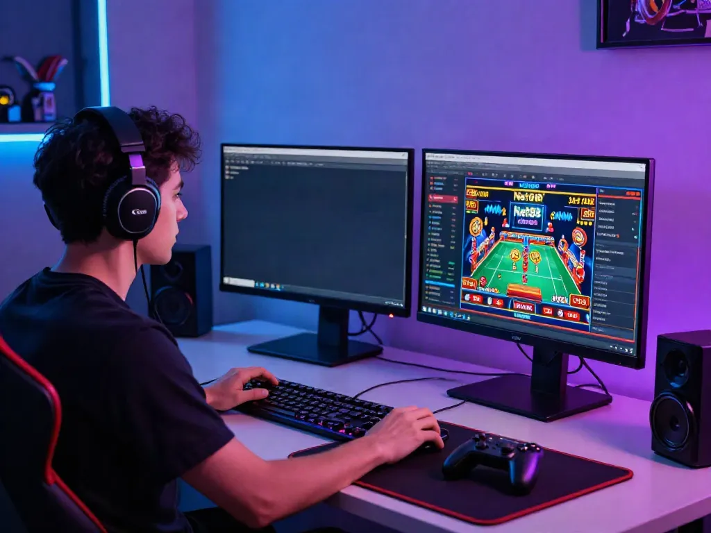 Engaged online gamer streaming betting session at https://net88.broker/ with vibrant displays and gaming setup.