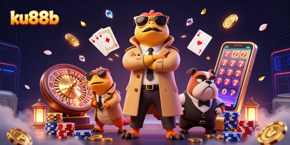 Bettors manipulate slot machines amid a vibrant casino scene in ku88b, showcasing golden coins and gem stones.
