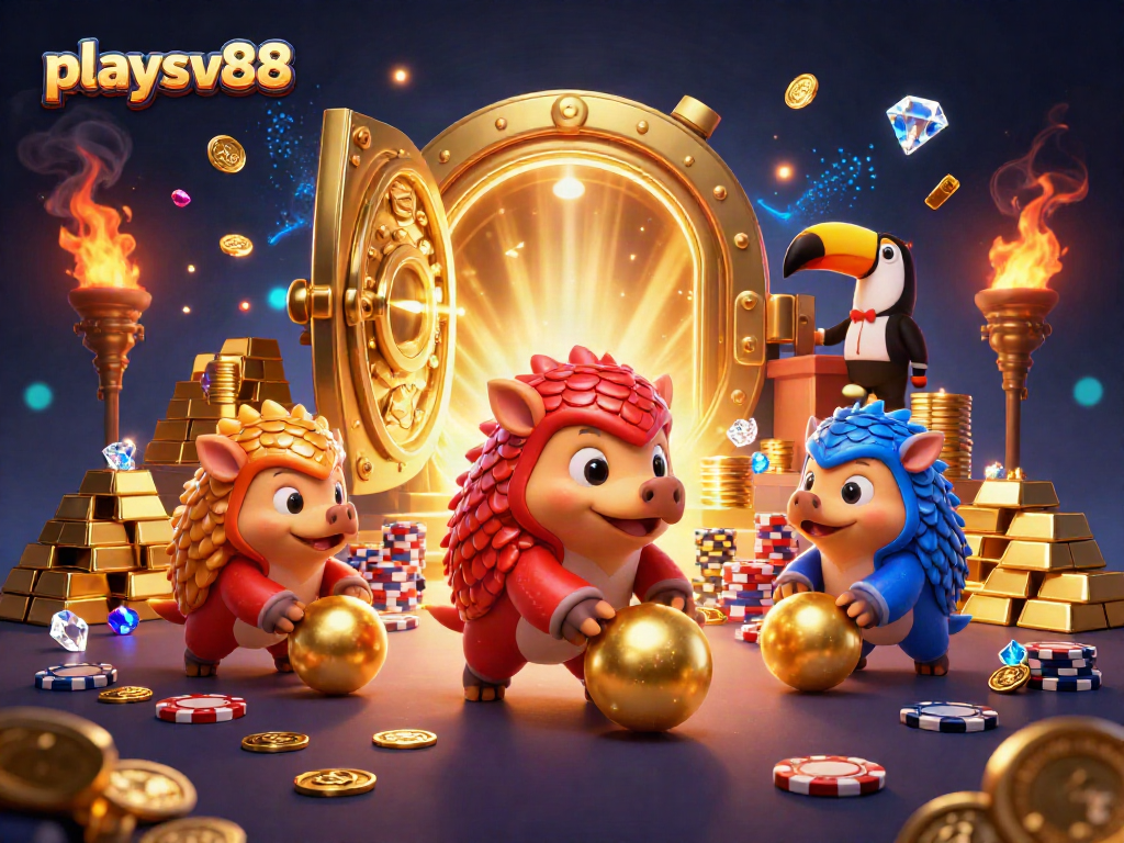 Rival pangolins in colorful armor rolling poker chips for wins at playsv88 casino game.