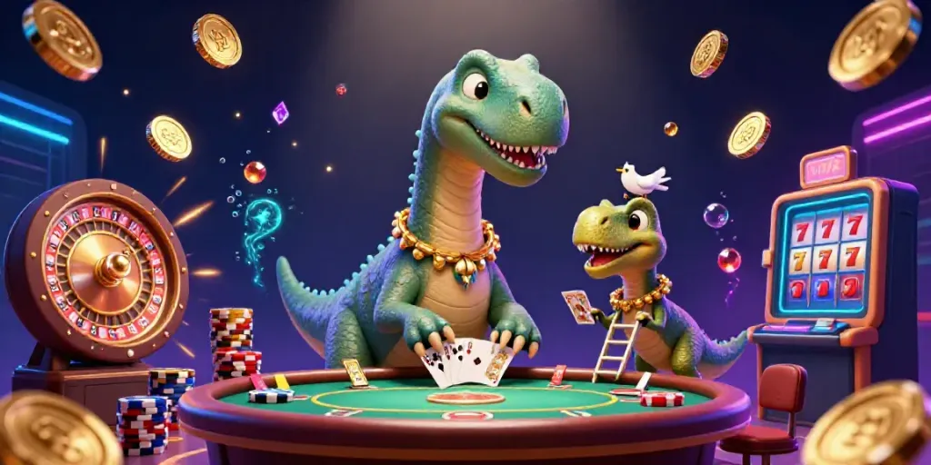 Experience exciting gameplay at Sunwin with a vibrant casino scene featuring dinosaurs and rich gaming elements.