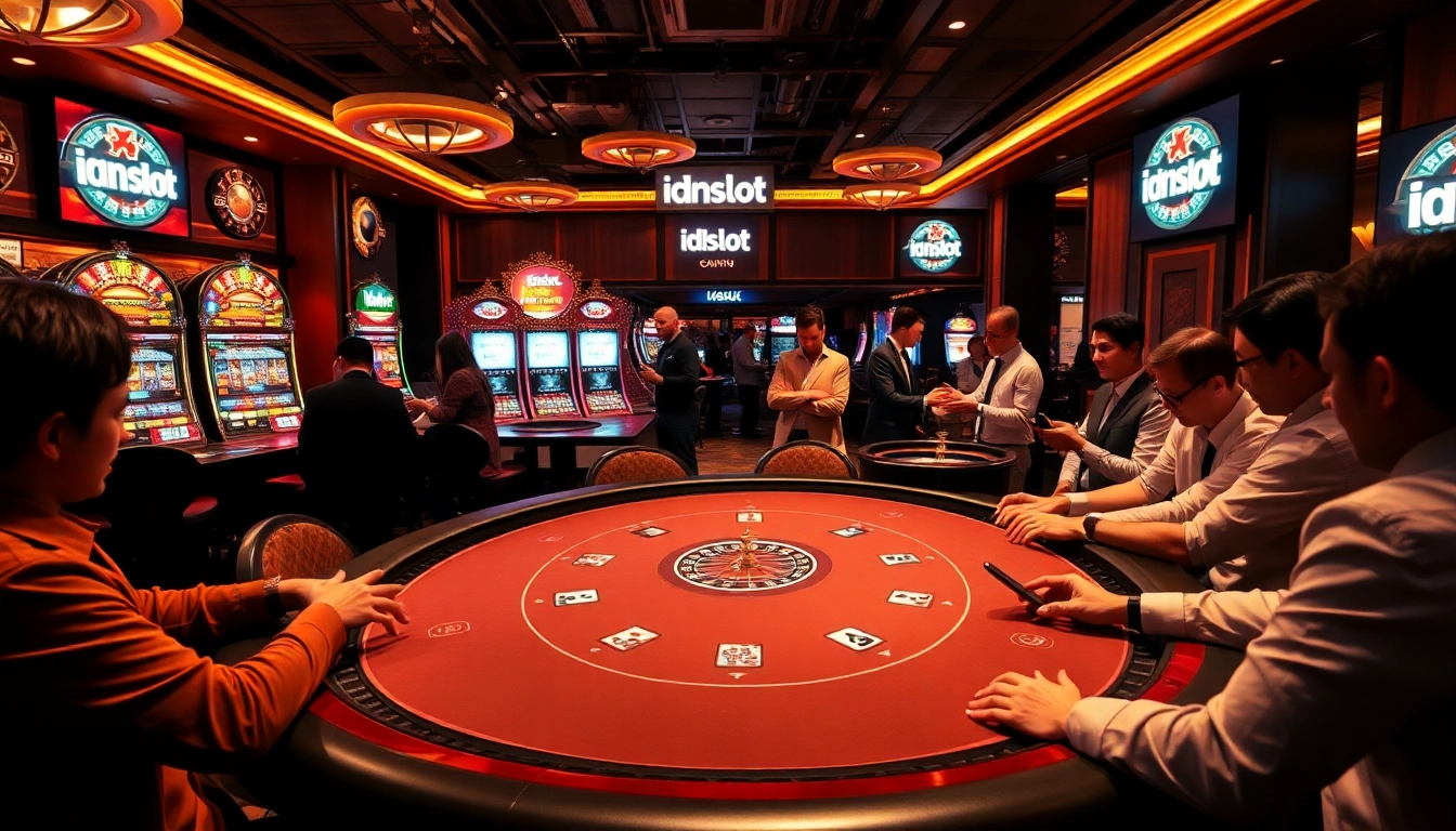 Players enjoying an exciting game at an idnslot poker table amid vibrant casino lights.